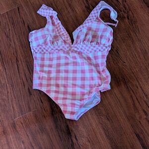 Crown &Ivy Gingham Pink And White 1pc Swim- Sz XL